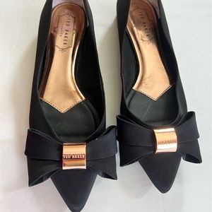 Ted Baker Black Satin and Rose Gold Bow Ballet Flats